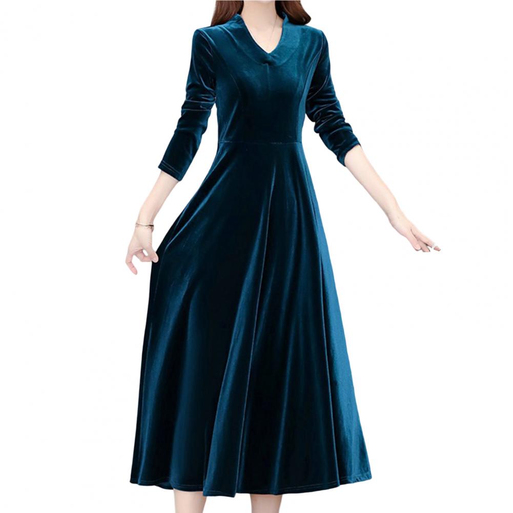 Velvet Vintage Women Maxi Dress OL Style Oversize Round Neck Long Sleeves Evening Dress 	Slim Fit Pleated Bodycon Prom Dress