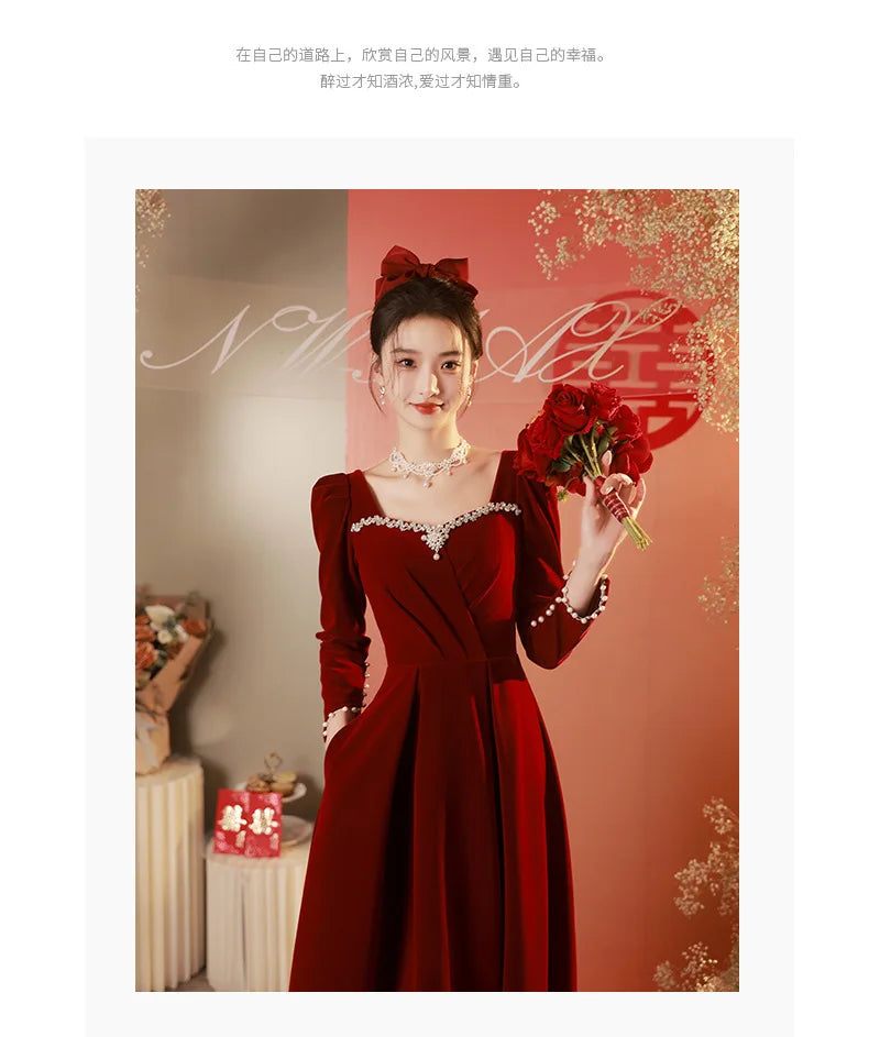 Chinese Style Female Qipao Evening Party Dress Velvet Long Sleeve Formal Party Dress Chongsam Sexy Rhinestone Marriage Dress - Seprincess