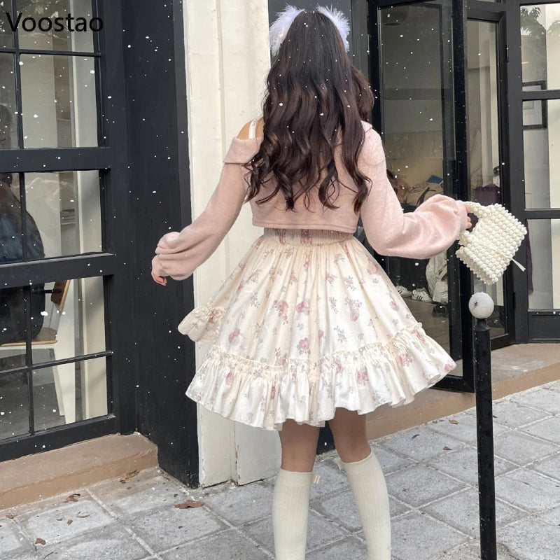 Sweet Lolita Style 2 Piece Dress Set Women Pink Bow Knitted Coat Kawaii Floral Mini Dress Female Korean Fashion Beach Party Suit - Seprincess