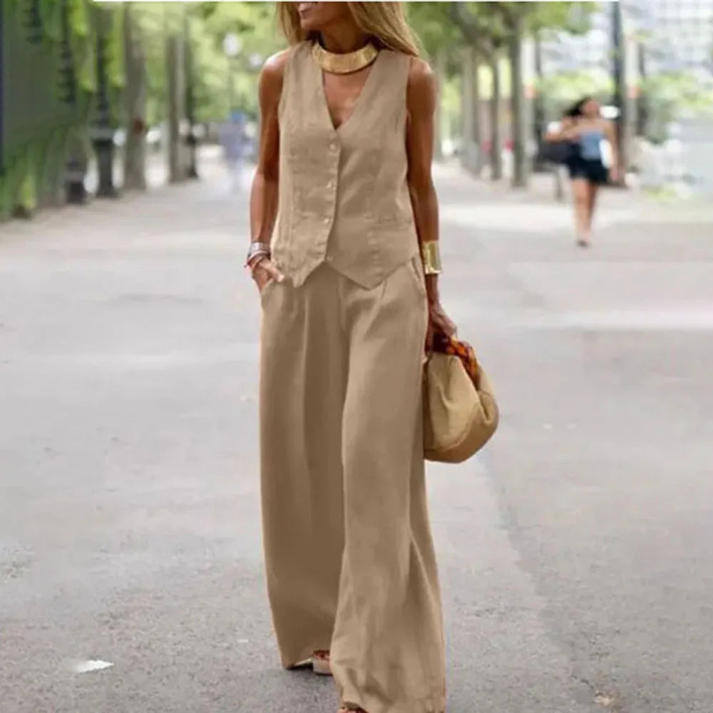 Casual Tank And Wide Leg Pant Sets 2 Piece Sets Women Outfit Summer Elegant Solid Cotton Linen Tops Trousers Suit Femme 5XL - Seprincess