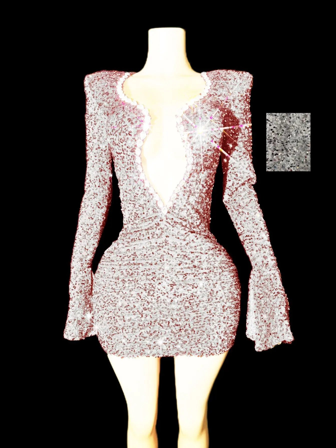 Customized Women Sexy Flare Sleeve Shinning Sequins Bodycon Mini Dress Fashion Nightclub Party Cocktail Celebrate Dress - Seprincess