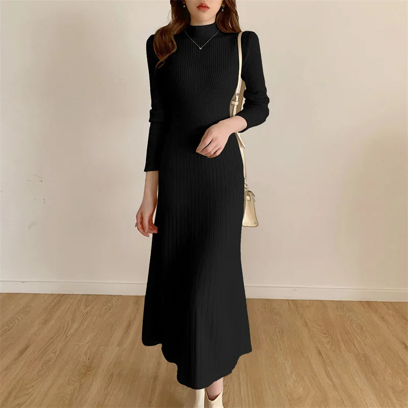 Autumn Winter 2024 Slim Long Sleeve Party Midi Dress for Women Knitted Half High Collar Elegant Knitted Sweater Dresses Ladies - Seprincess