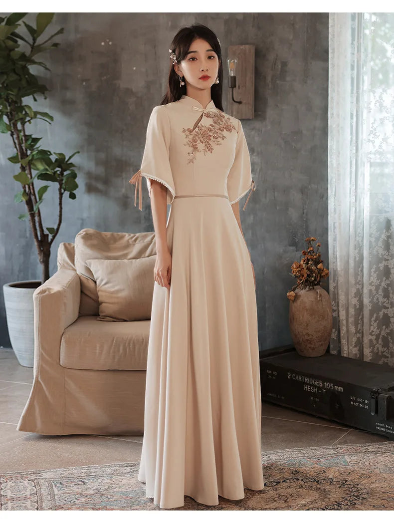 Slim A-line Mandarin Collar Qipao Female Chinese Styles Bridesmaid Dress Appliques Flower Pearl Cheongsam Party Prom Gown - Seprincess