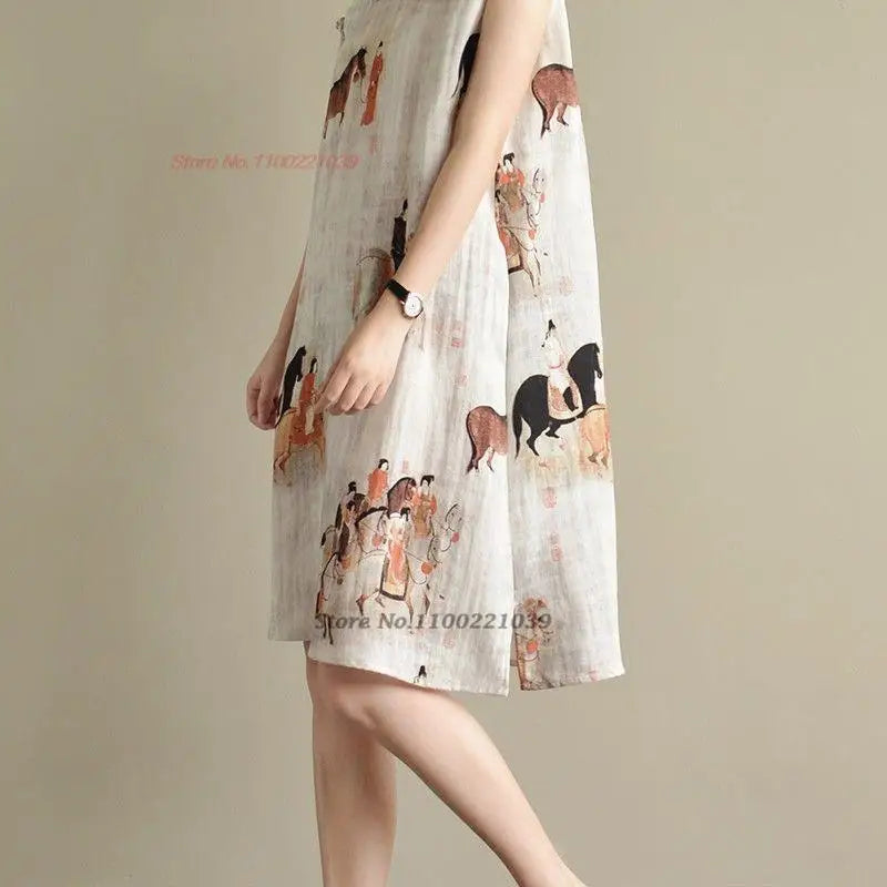 2024 chinese sleeveless dress vintage cheongsam dress national print cotton linen qipao chinese traditional dress a-line qipao - Seprincess