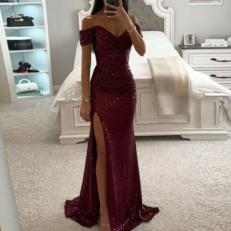 Women Elegant High Slit Cocktails Dress New Lady Party Banquet Slim Sequin Maxi Dress Sexy Slash Neck Glitter Floor-Length Dress - Seprincess