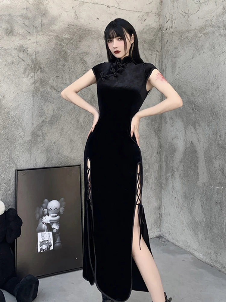 Goth Dark Romantic Gothic Velvet Aesthetic Dresses Vintage Women Black Bandage SlitHem Bodycon Dress Sexy Evening Wear Cheongsam - Seprincess