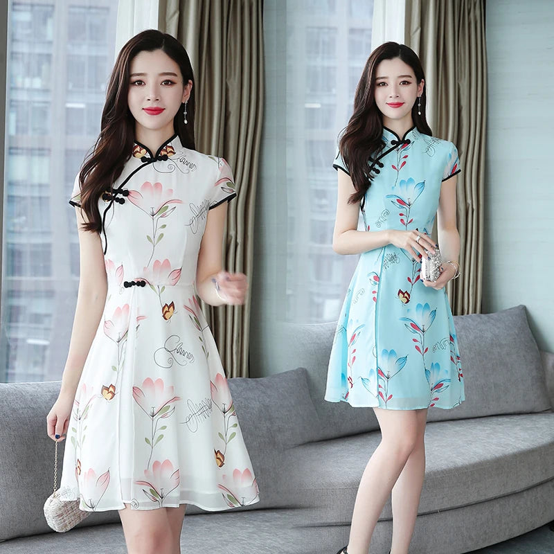 2023 Summer New Modern Improved Cheongsam Chiffon Printing Vintage Traditional Chinese Style Slim Qipao Dress - Seprincess