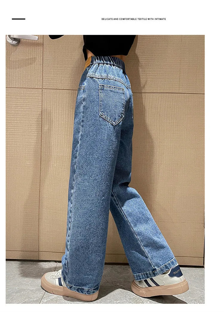 Teenage Jeans for Girls 2024 Spring Summer Casual All-match Loose Kids Leg Wide Pants School Children Trousers 4-16 Years