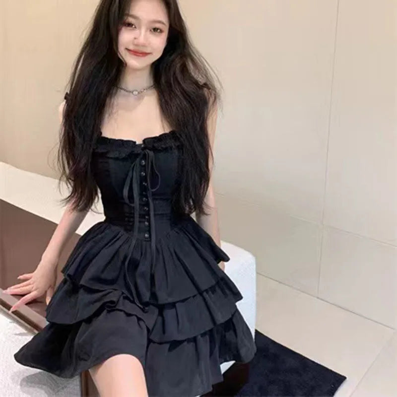 Gothic Black Sexy Slip Dress Y2K Harajuku Streetwear Punk Lace Up Cake Dress Female Summer Korean Fashion Party Ruffles Dresses - Seprincess