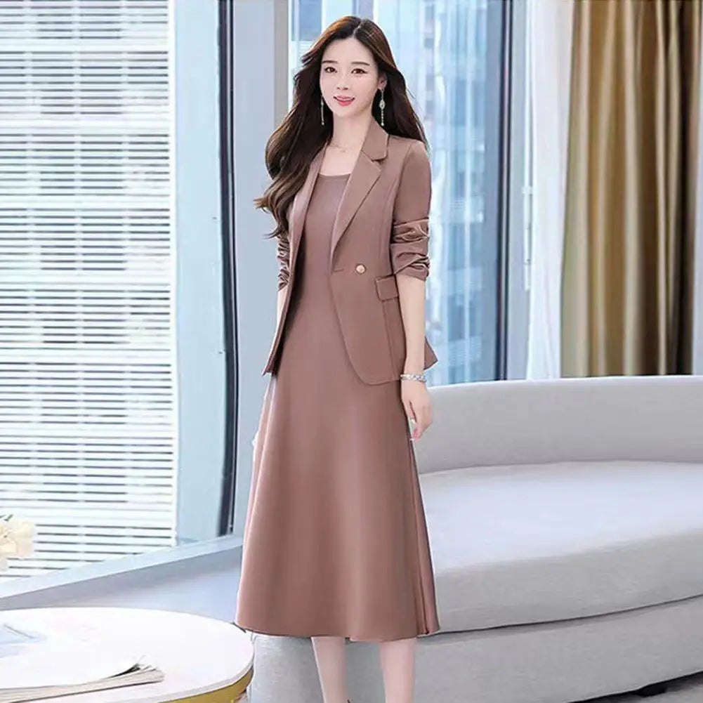 2Pcs Women Outfit Commute Trendy Office Lady Dress Coat Set Elegant Sling Style Coat Long Dress Suit Lady Business Skirt Suit - Seprincess