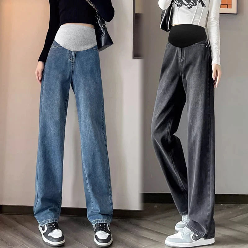 Autumn and Winter Pregnant Women's Belly Pants Fashion Loose Straight Leg Korean Style High Waist Maternity Jeans Denim Trousers