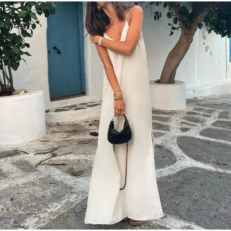 Summer Women Backless Sling Dress Sexy Loose V Neck Sleeveless Split Maxi Dresses 2024 New Female Beach Vacation Party Robes - Seprincess