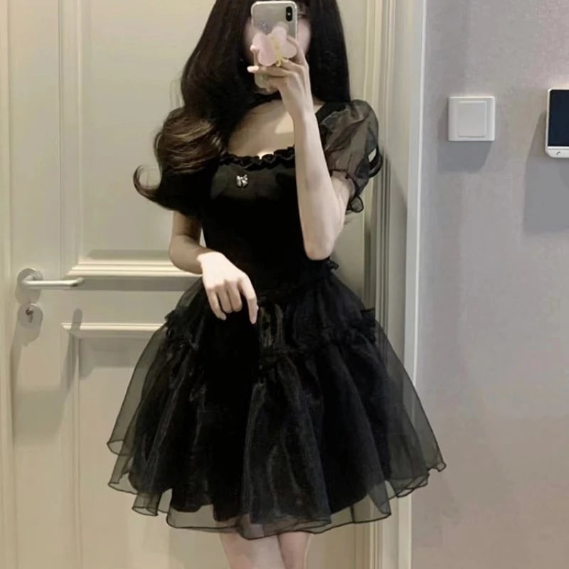 Black Mini Dress Women Bodycone High Waisted Puff Sleeve Sexy Summer Kawaii Girlish Lolita Vintage A-line Vestidos Temper French - Seprincess