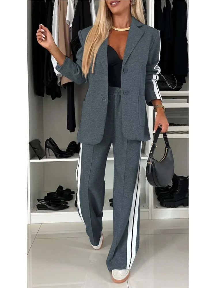 Autumn And Winter New Long Sleeves Suit Women's Suit Fashion Pimp Stitching Pants Pocket Female Office Blazer 2 Piece Set 2024 - Seprincess