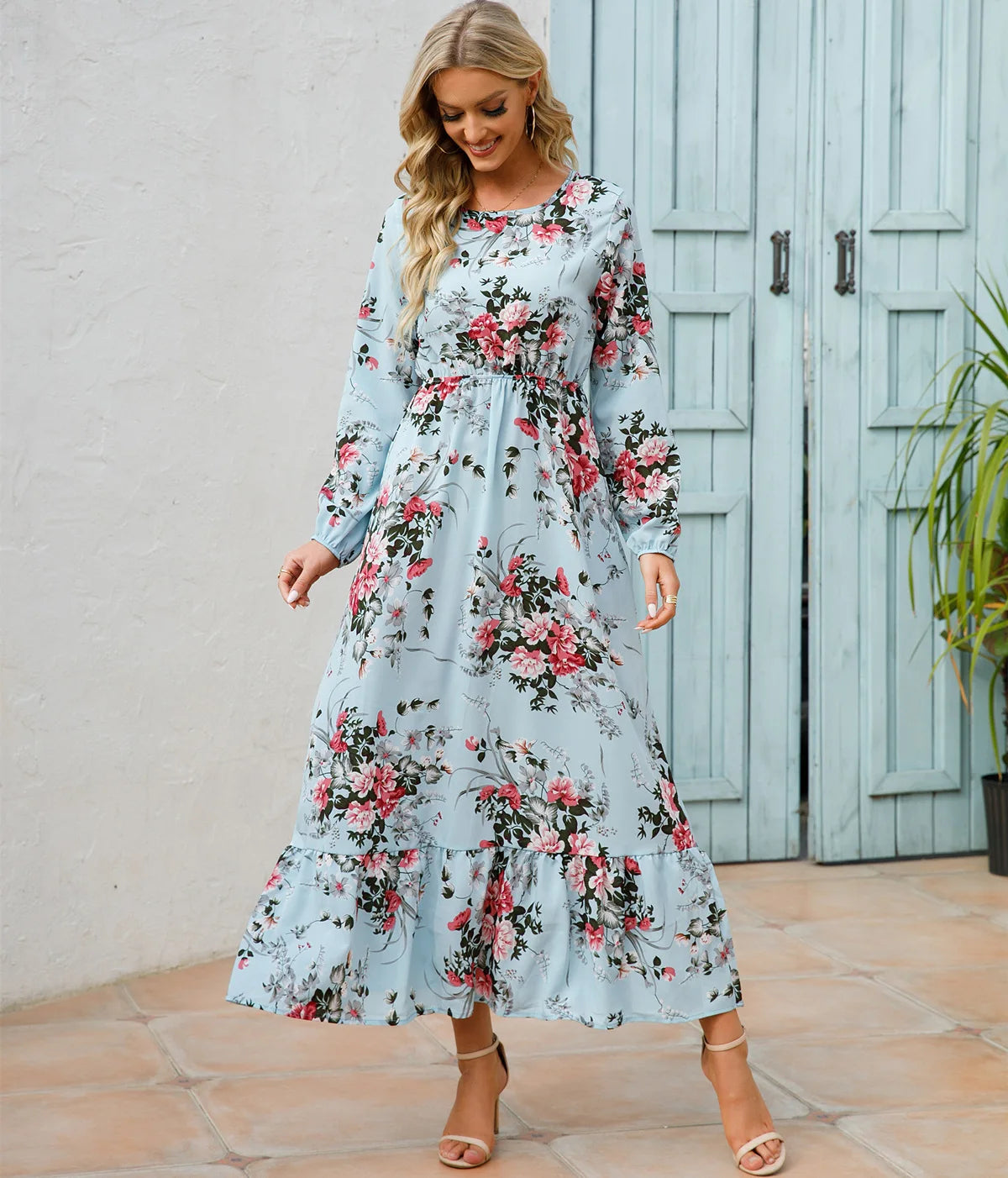 Women Floral Printed Maxi Dresses Spring Summer Casual O Neck Full Sleeve High Waist A Line Boho Beach Party Long Dress Vestidos - Seprincess