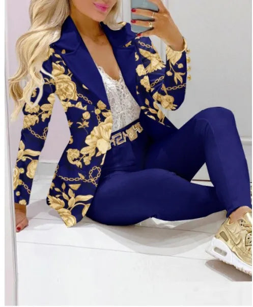 Autumn Winter New Printed Suit Long Sleeve For Women's Suit Fashion Color Matching Slim Elegant Female Office 2 Piece Set 2023 - Seprincess