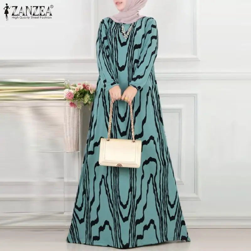 ZANZEA Muslim Women's Dress Elegant Printing Long Sleeve O-Neck Party Long Dresses Casual Islamic Turkey Abaya Hijab Kaftan Robe - Seprincess