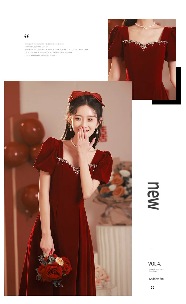 Chinese Traditional Red Cheongsams Wedding Dresses Short-sleeved Engagement Temperament Dress Back Door Qipao Banquet Dress - Seprincess