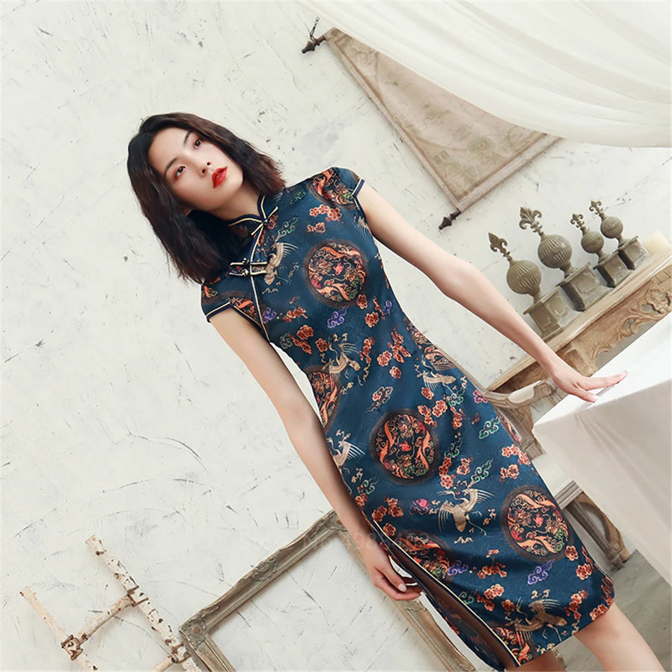 Chinese Traditional Dress Cheongsam  Women Girls Party Wedding Fashion Vintage Retro Crane Floral Print Satin Short Dress