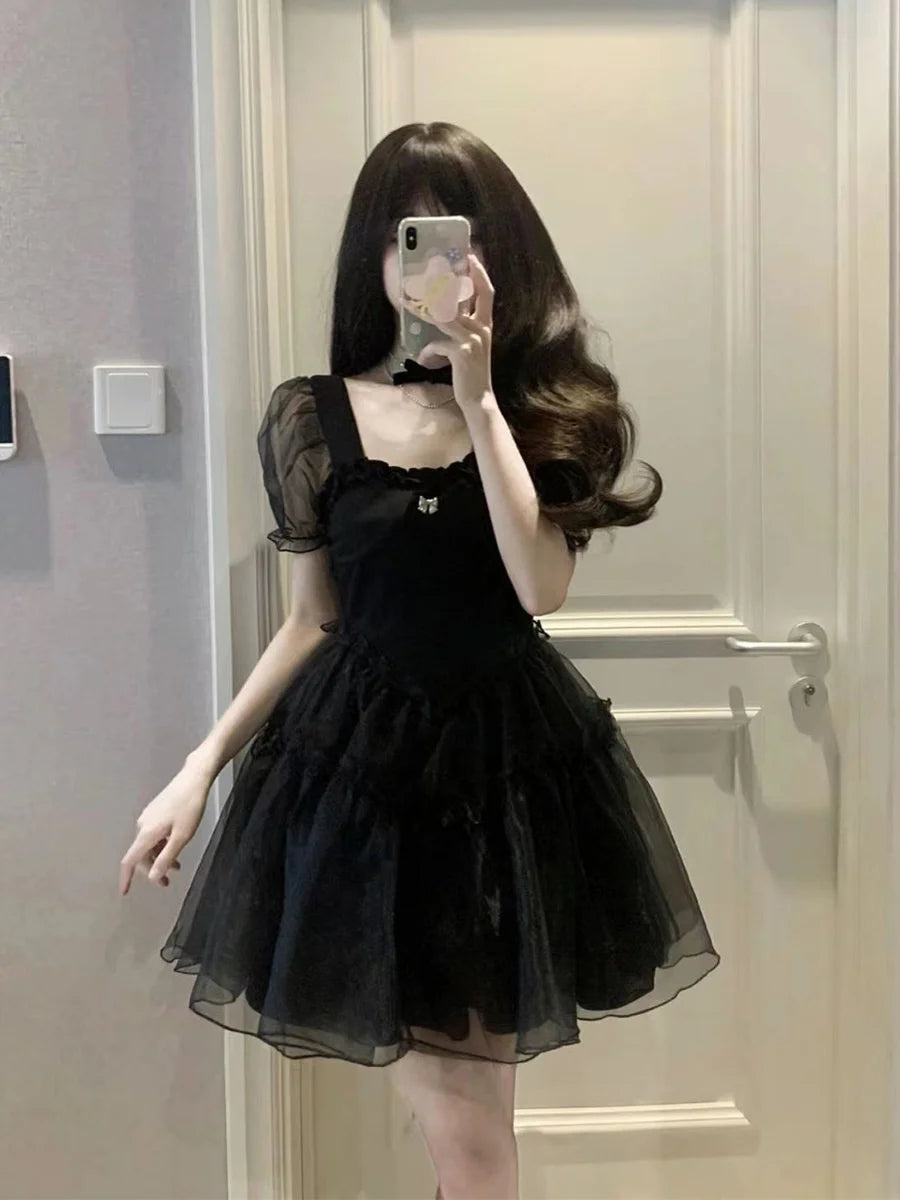 2023 Summer New Black Yarn Dress Fluffy Small Short Square Neck Spicy Girl Sweet Style Small Puff Sleeve Sexy Lovely Short FO30 - Seprincess