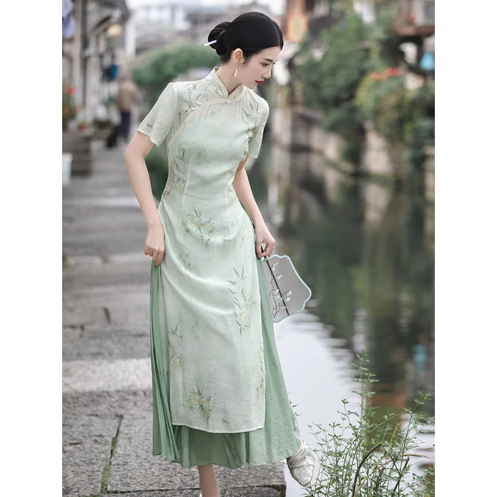 Retro Chinese Style Short Sleeve Qipao Two-piece Set Women New Chinese Style Green Improved Cheongsam Summer Long Dresses - Seprincess