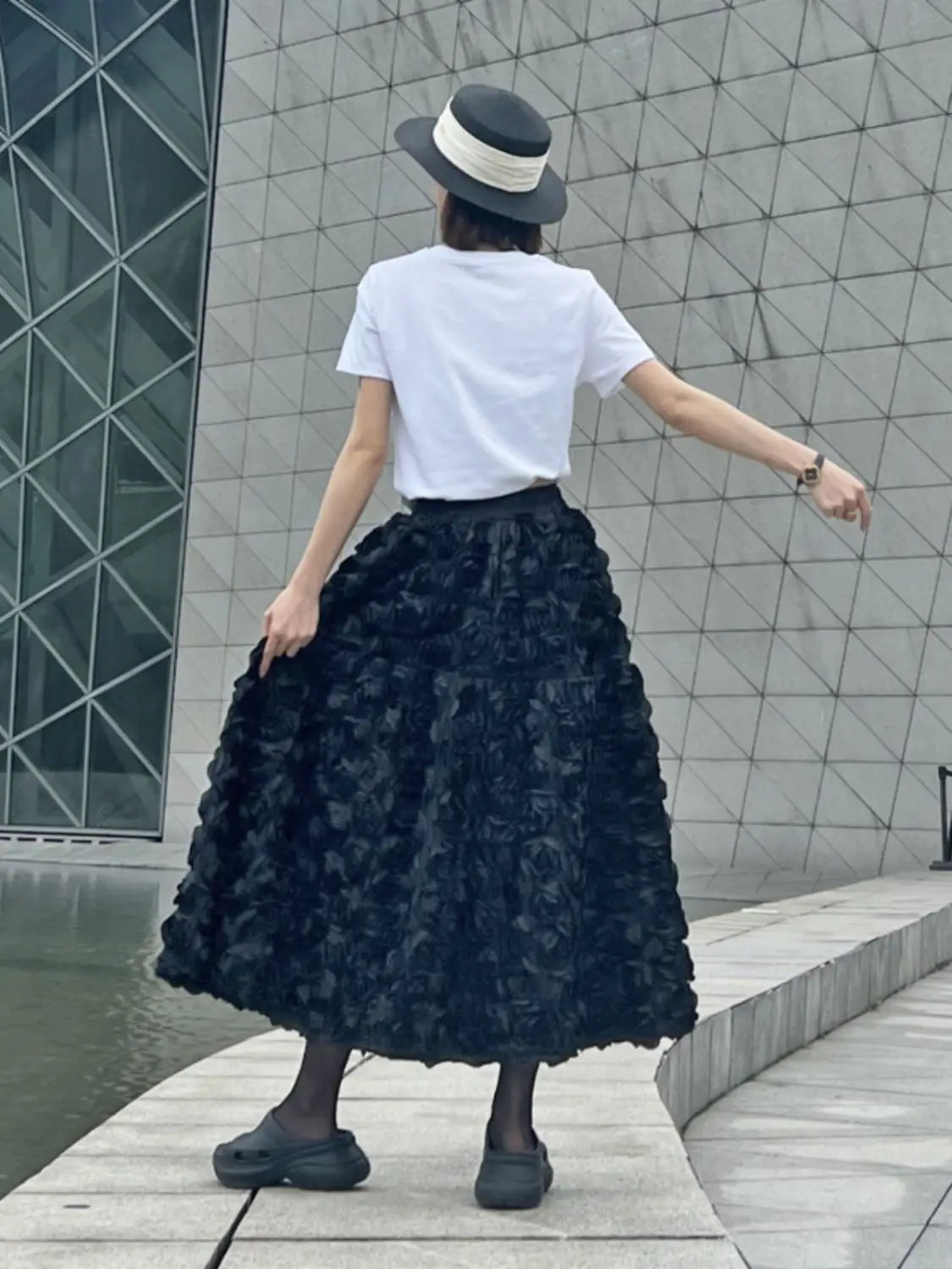 Elegant Fashion 3D Flowers Mesh White Skirt French Chic Elegant Long Skirts Women A-line Elastic High Waist Female Skirt - Seprincess