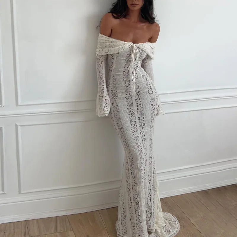 White Off Shoulder See-through Lace Up Maxi Dress Women Flared Long Sleeves Chest Wrapped Dresses Summer Elegant Seaside Gowns - Seprincess