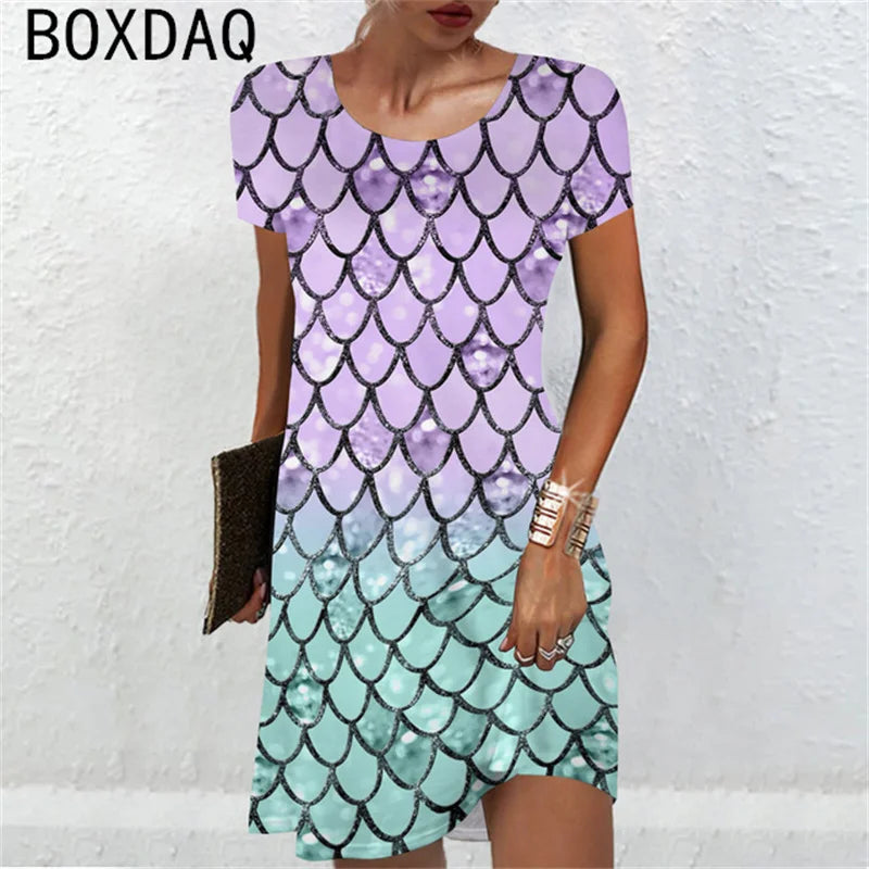 Women Short Sleeve O-Neck A-Line Mini Dress Sexy Snake Colorful Scale Pattern Printed Dress Large Size Lady Casual Sundress - Seprincess