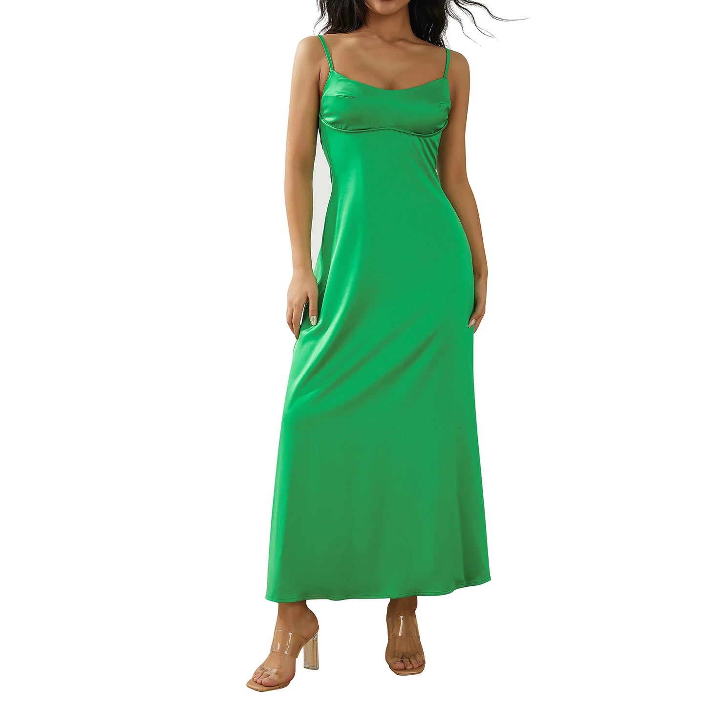 Women Temperament Silky Slip Dress Leisure Style Solid Color V-neck Sleeveless Backless Sain Slim Long Dress Green/Pink/Purple - Seprincess