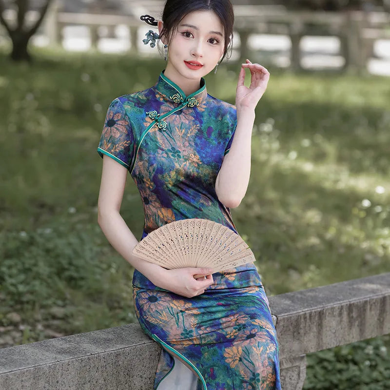 2024 Summer Autumn New Cheongsams Blue Flower Print Qipao Oriental Vintage Classical Vestidos Women's Satin Qipao Chinese Dress