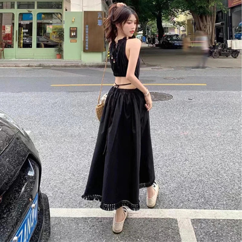 Fashion and Casual Summer Halter Hollow Sleeveless Tassel Solid Color Simple and Generous Hem Holiday Beach Women's Long Dress - Seprincess