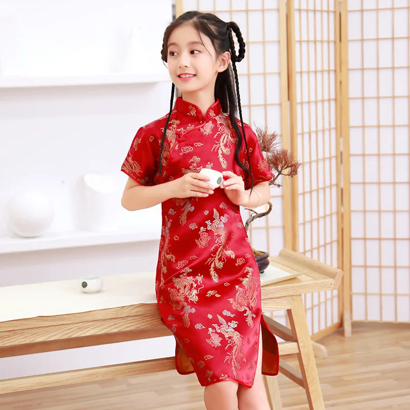 Classical Chinese Style Qipao Children Cheongsam Silk Brocade Princess Dress Baby Girl Print Cheongsams Handmade Button Clothing - Seprincess