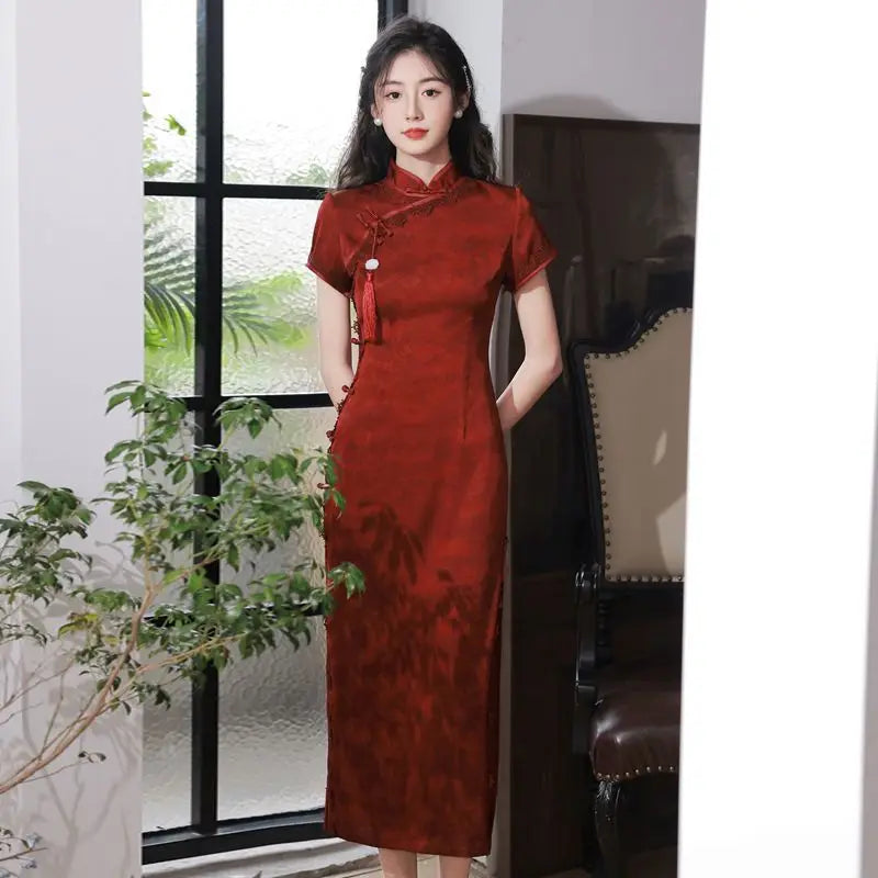 Wine Red Qipao Cheongsam 2023 Chinese Dress Women Classic Mandarin Collar Bridal  Evening Party Gown Young Girls Long Dress - Seprincess