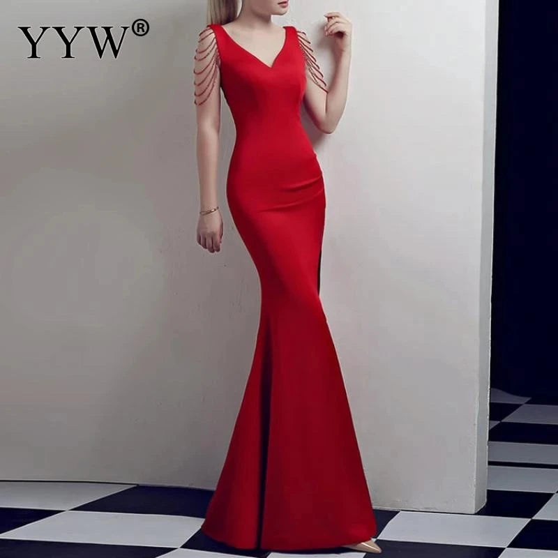 Sexy Sequined Evening Dress Robe De Soiree 2021 V-Neck Sleeveless Backless Mermaid Long Robe Side Slit Off Shoulder Party Dress - Seprincess