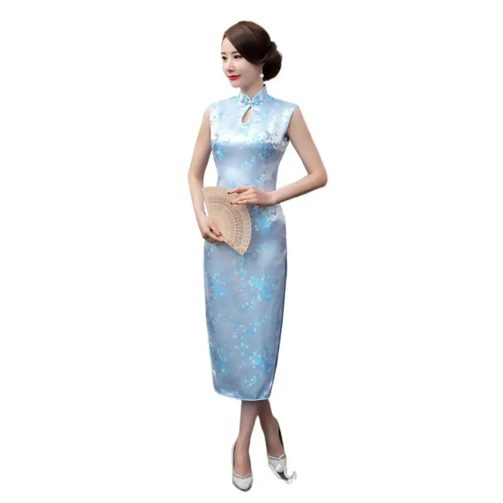 Floral Print Cheongsam Dresses Mandarin Collar Vintage Bodycon Dresses Maxi Chinese Style Chinese Qipao Evening Dress - Seprincess