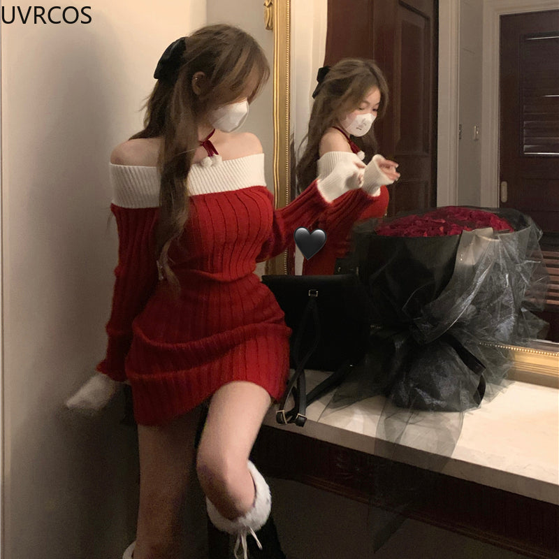 Sexy Red Christmas Dress Women Autumn Winter Korean Style Slash Neck Bodycon Knitted Dresses Female Elegant Y2k Party Mini Dress - Seprincess