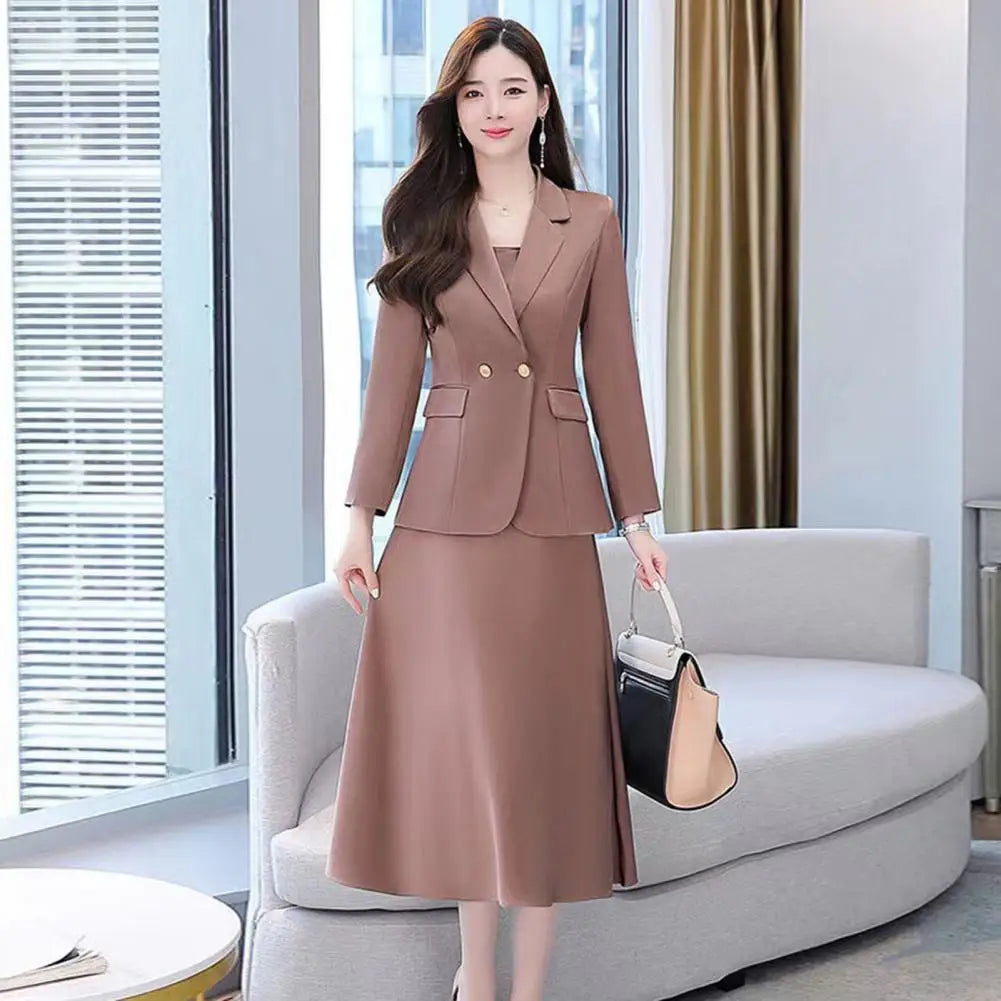 2Pcs Women Outfit Commute Trendy Office Lady Dress Coat Set Elegant Sling Style Coat Long Dress Suit Lady Business Skirt Suit - Seprincess