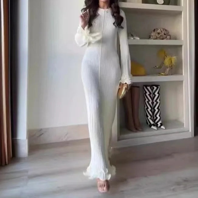 2024 Autumn New Ladies Elegant Flared Sleeve Knitted Dress Women Fashion Crew Neck White Slim Robes Summer Female Party Dresses - Seprincess