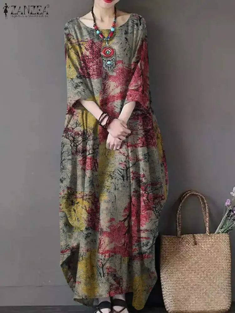 Vintage Printed Dresses ZANZEA Autumn Sundress Women Bohemian Casual Long Sleeve O Neck Dress Elegant Loose Maxi Vestidos Robe - Seprincess