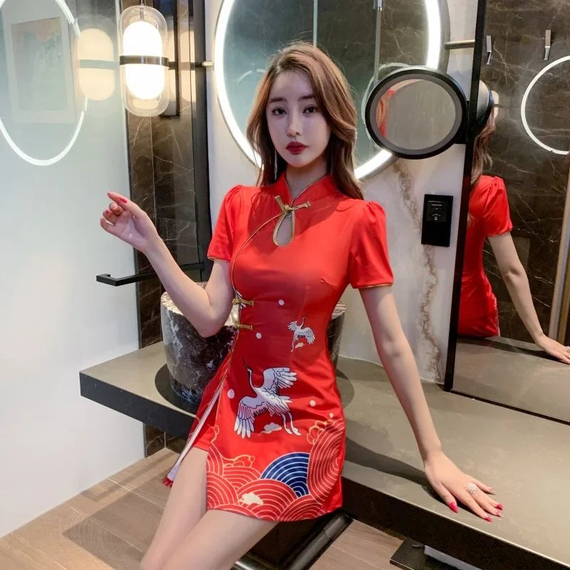 Women Chinese Style Retro Improved Temperament Printing Cheongsam Modern Dress Blue Chinese Qipao Dresses for Women - Seprincess