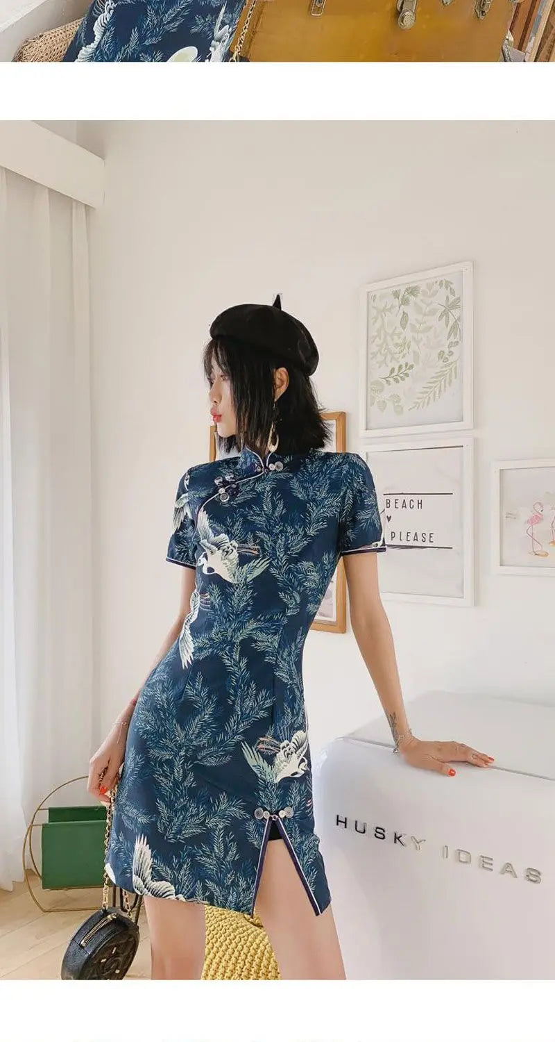 New Daily Improvement Cheongsam Dress 2024 Summer Short Sleeved Chinese Style Retro Young Style A-line Crane Print Dress Qipao - Seprincess