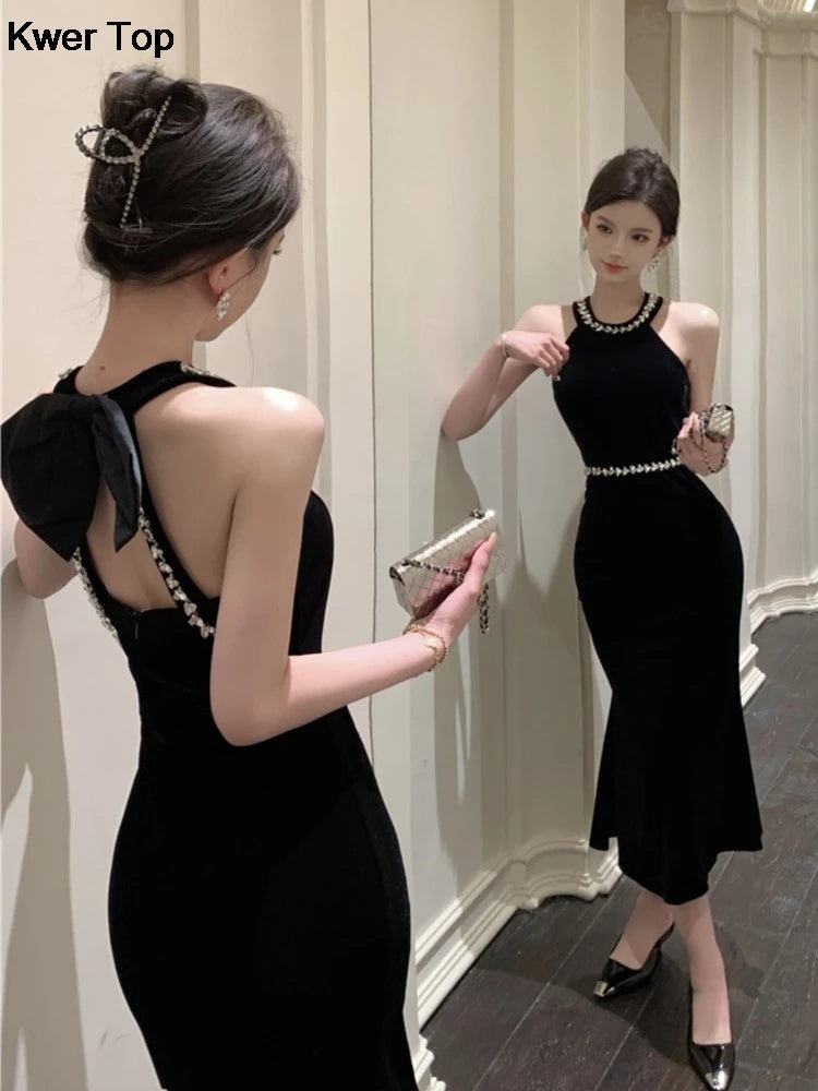 Woman Sexy Backless Bow Black Mermaid Dresses French Vintage Temperament Party Dress Ladies Chic Luxury Velvet Robe - Seprincess