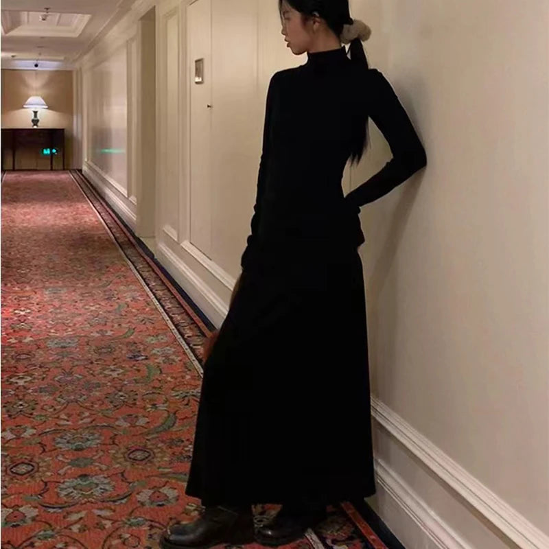 Autumn Half Turtleneck Dress Women Korean Elegant Black Hepburn Style Midi Dress Y2K High Waist Long Sleeve Warm A Line Vestidos - Seprincess