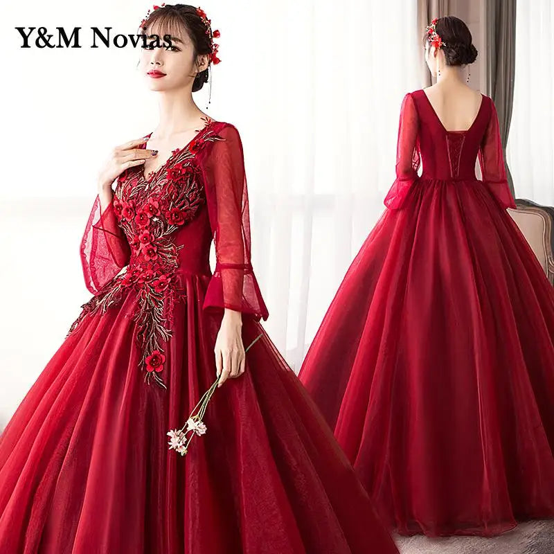 Y&M Novias New V Neck Long Sleeve Quinceanera 15 Years Vestidos De 15 Anos Mint Wine Red Turquoise Quinceanera Gowns Party Dress - Seprincess