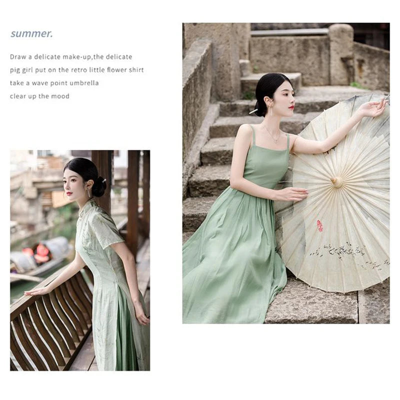 Retro Chinese Style Short Sleeve Qipao Two-piece Set Women New Chinese Style Green Improved Cheongsam Summer Long Dresses - Seprincess