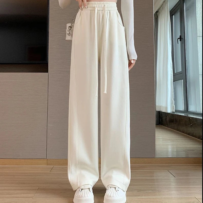 2024 Women High Waisted Leisure Loose Pants Girls Casual Straight Leg Slacks Female Baggy Light Grey Khaki Beige Black Trousers