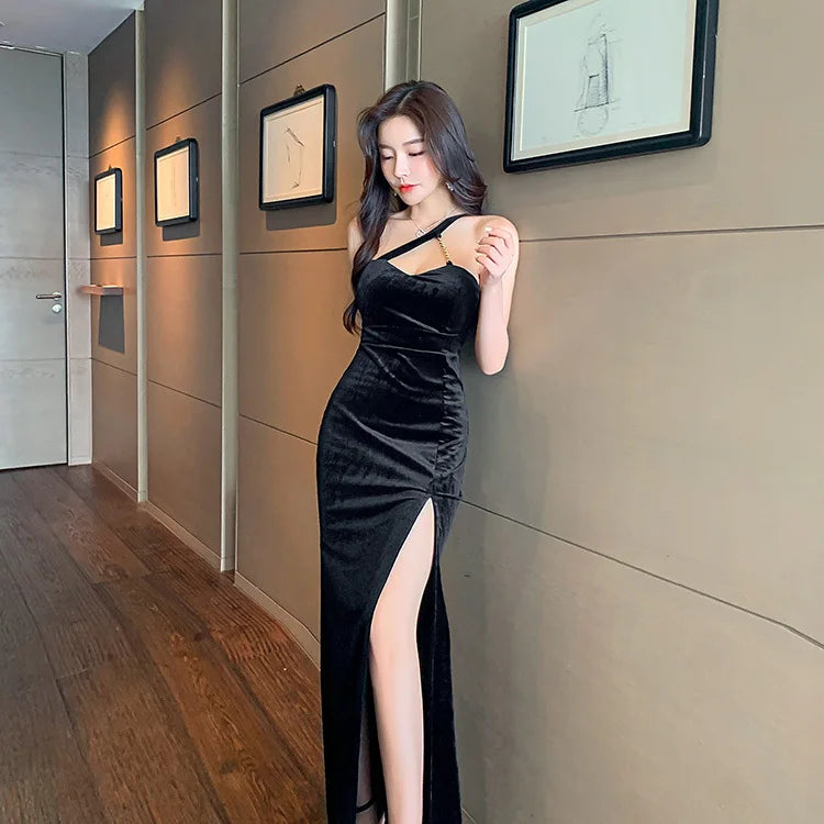 Black Leopard Velvet Dress Women Sleeveless Sexy Spaghetti Strap Dresses Ladies Party Club Evening High Waist Asymmterical - Seprincess