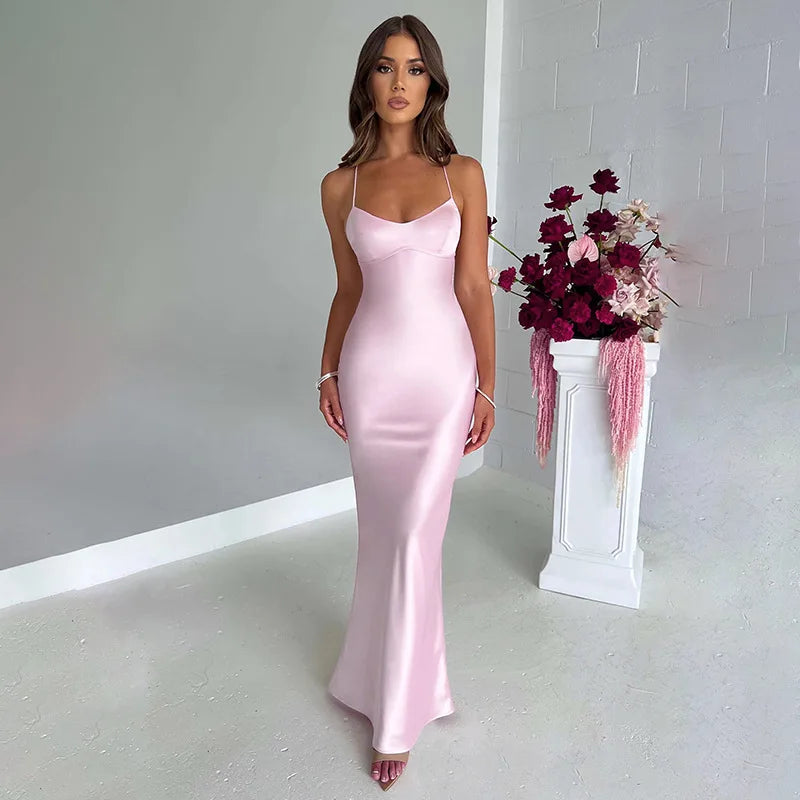 Summer Long Dress Women Evening Dresses Fashion Sexy Club Party Dresses Suspender Satin Dress Backless Strappy Waist Long Skirt - Seprincess