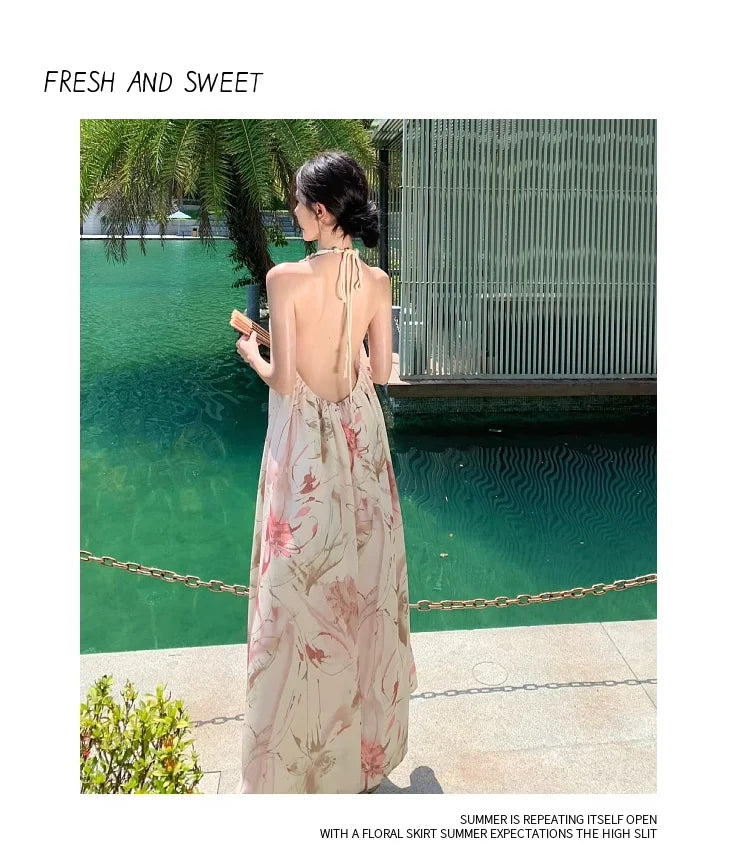 2024 Women Long Summer Floral Sundress Halter Elegant Fairy Grunge Holiday Dress New Honeymoon Vacation Party Night Dresses - Seprincess