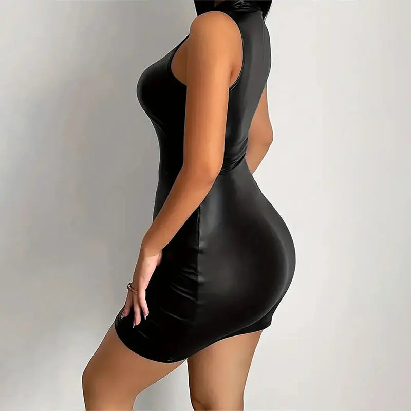 Women Summer Sexy Party Strapless Bodycon Pu Leather Slim Package Hip Black Club Party Mini Short Dress Sundress Female Clothing - Seprincess